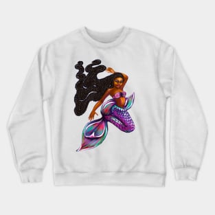 mermaid with flowing braids, brown eyes curly Afro hair and caramel brown skin. Black mermaid Crewneck Sweatshirt